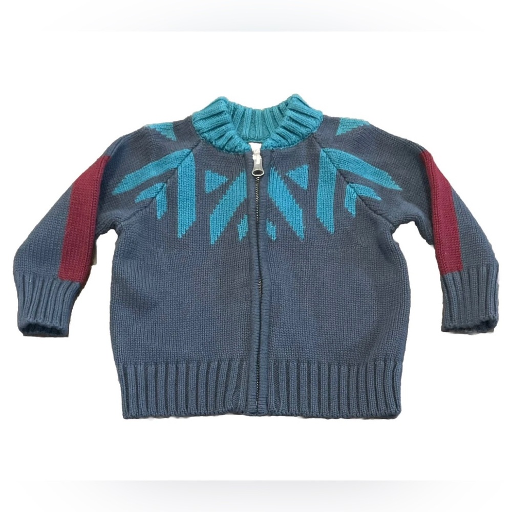 NWT Tea Collection Boys 6-9M Zip Cardigan Nordic Sweater Blue Teal Chunky Knit